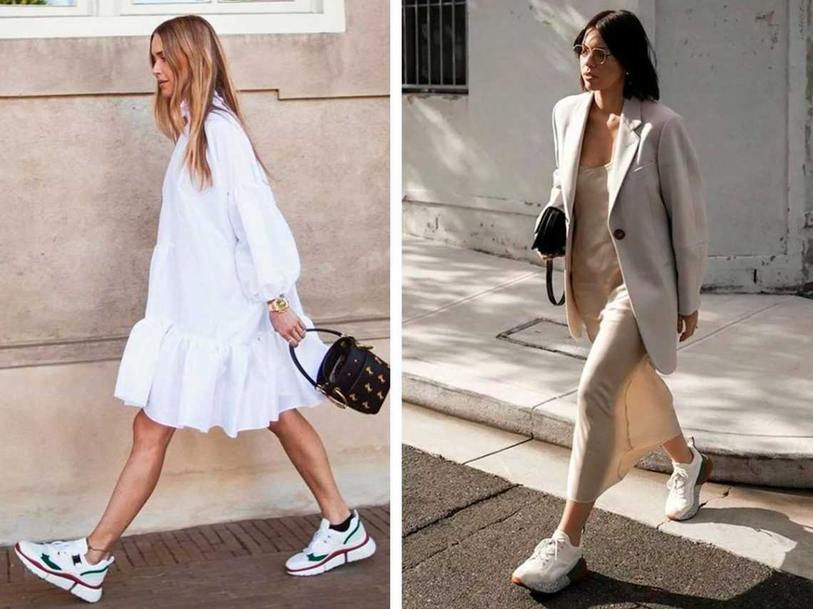 Белые женские кроссовки с платьем: модные сочетания