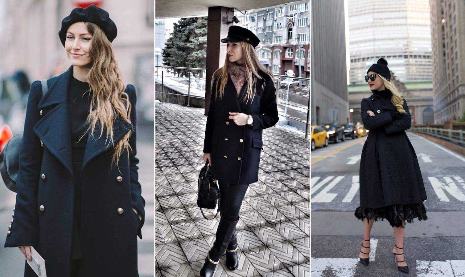 Черное пальто женскоес шапокй